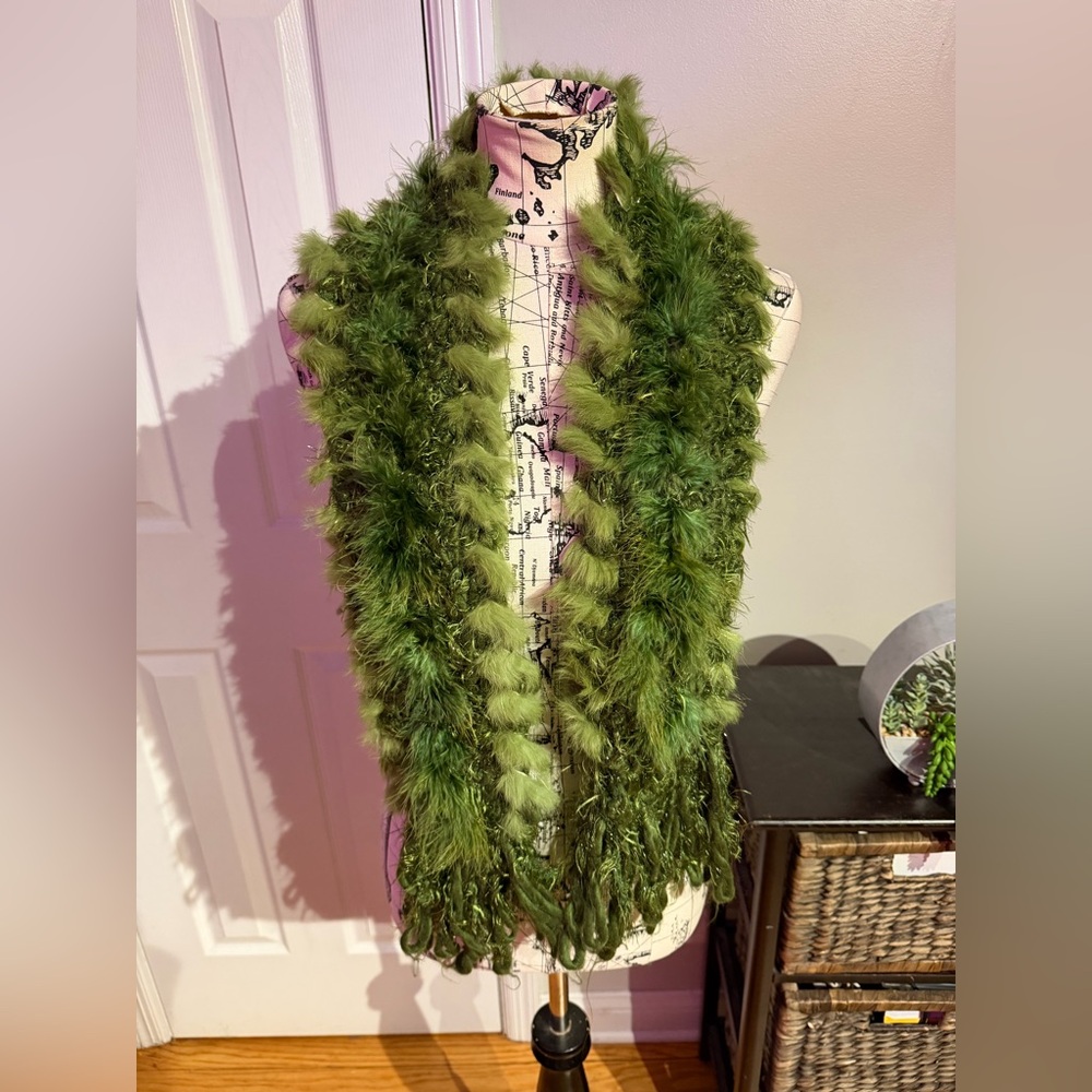 Rabbit Fur Feathers handmade 100% genuine Vintage stole Green Boa Scarf vibrant